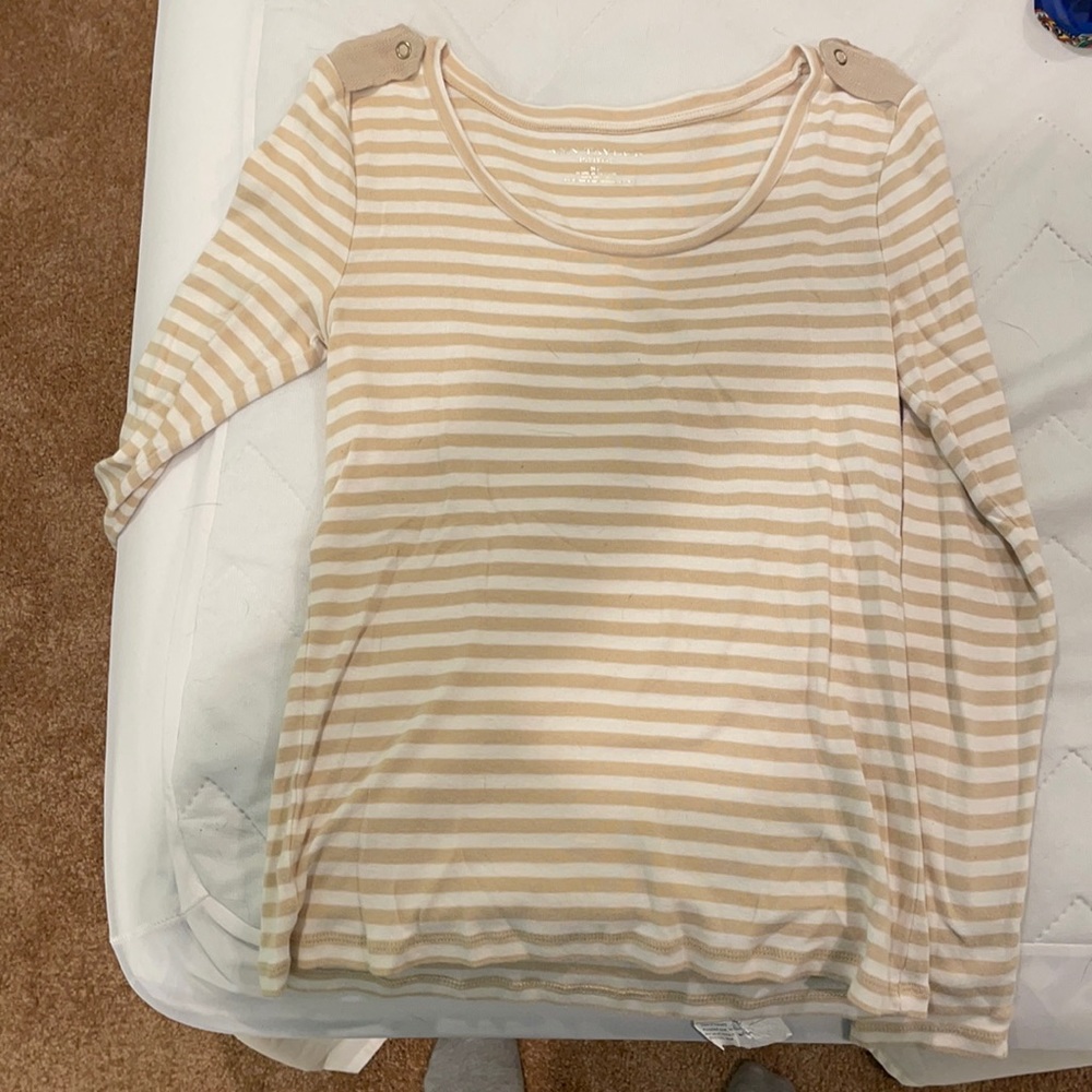 Tan and white striped long sleeve shirt with buttons at shoulders
